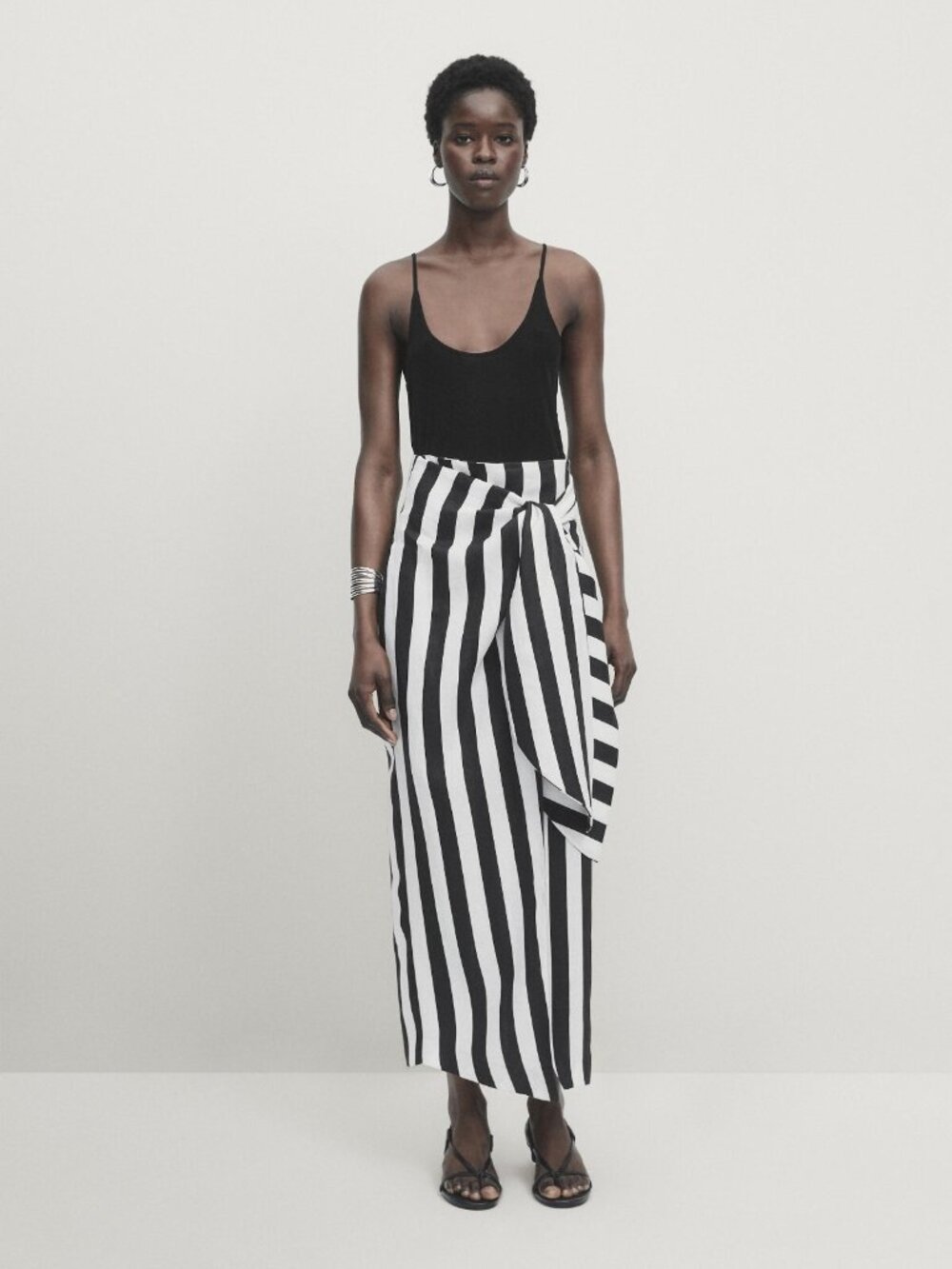 Massimo Dutti Black and White Vertical-Stripe Midi Skirt